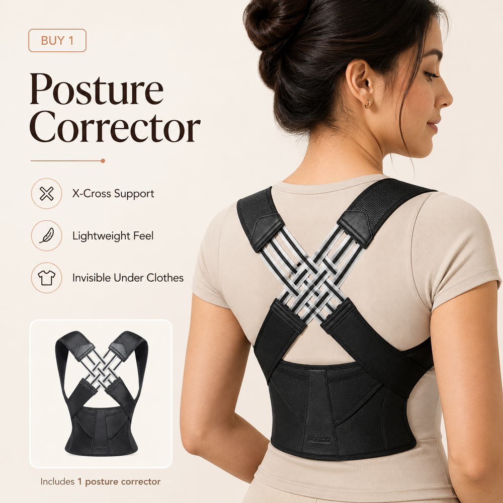 Woman wearing a black posture corrector with product features listed on a beige background